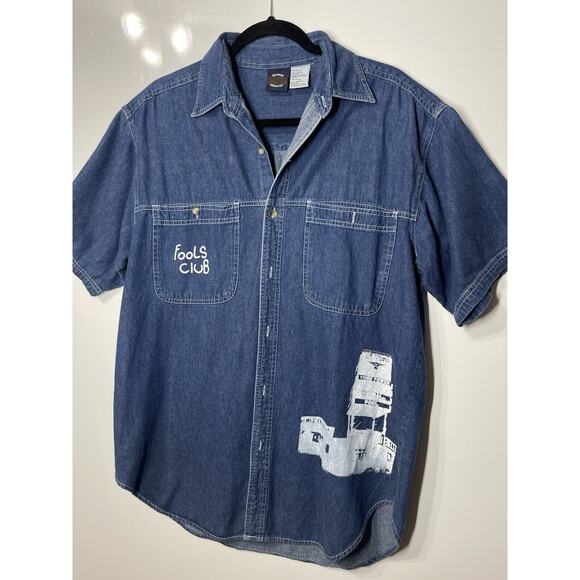 VTG Saugatuck Y2K Denim Shirt Button Down Collared Graphic Print Casual Men Med - Picture 1 of 11